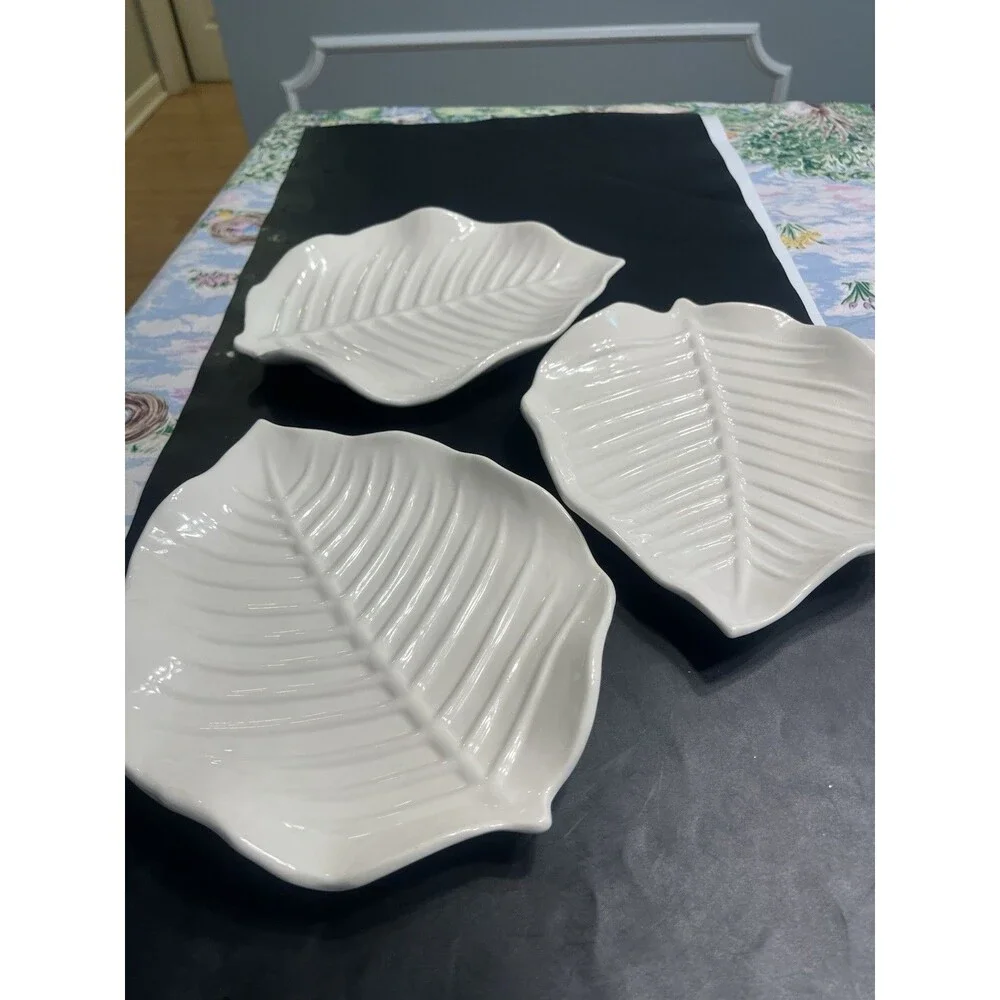 3pc Pottery Barn White Leaf 10” Plates